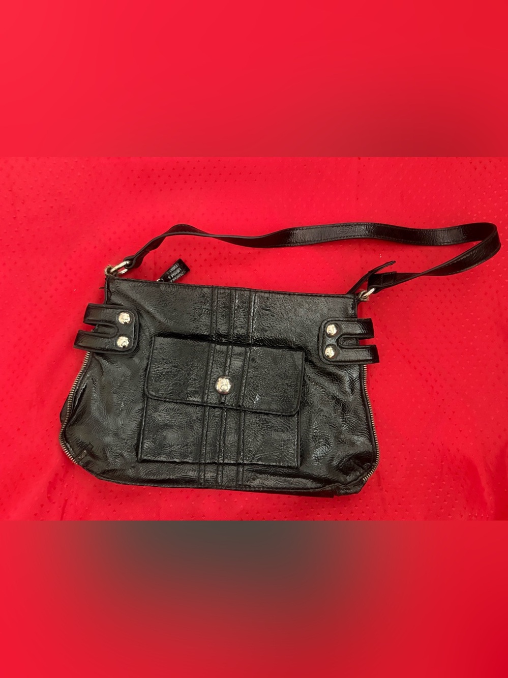 Attention Black Faux-Leather Shoulder Bag with Front Pocket and Stud Accents